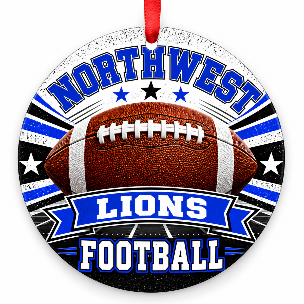 NORTHWEST LIONS football Christmas ornament in royal blue and white, flat round design with red hanging ribbon