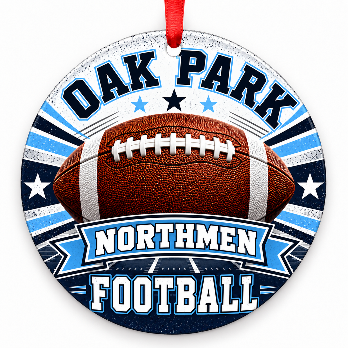 OAK PARK NORTHMEN football Christmas ornament in navy, Columbia blue, white and silver, flat round design with red hanging ribbon