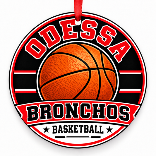 Odessa High School Bronchos basketball Christmas ornament in red and white with red ribbon, Odessa, Texas
