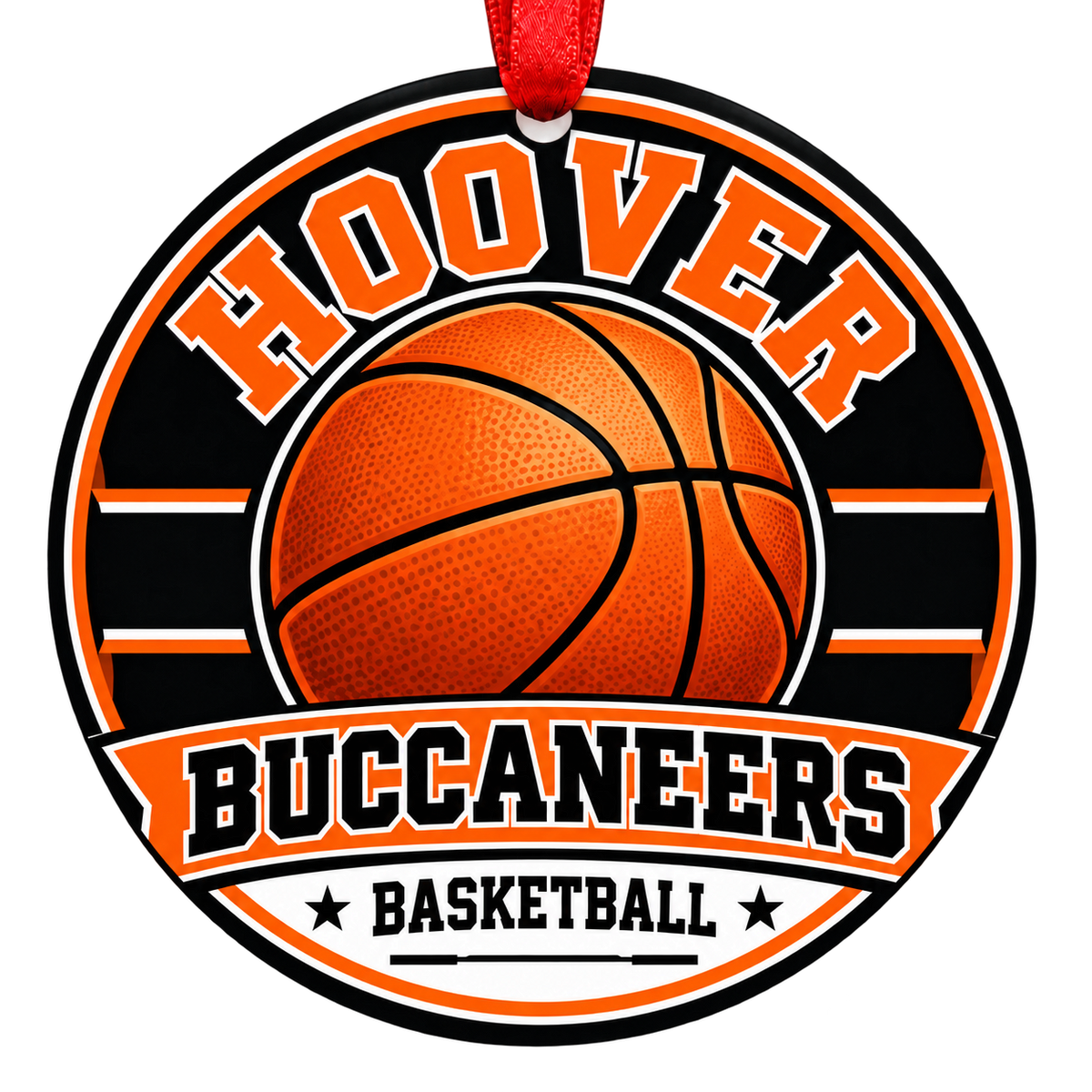 Hoover High School Buccaneers basketball Christmas ornament in orange, black and white with a red ribbon