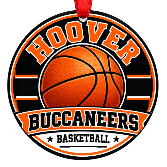 Hoover High School Buccaneers basketball Christmas ornament in orange, black and white with a red ribbon