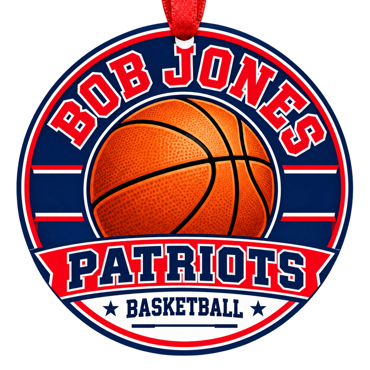 Bob Jones High School Patriots basketball Christmas ornament in red, white and blue with a red ribbon