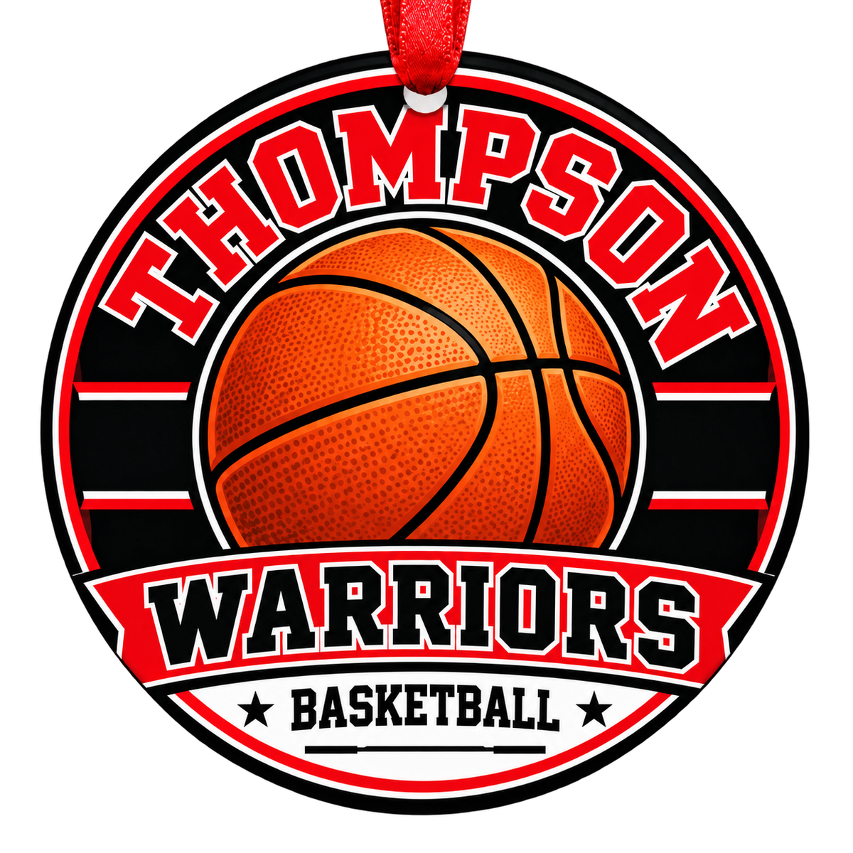 Thompson High School Warriors basketball Christmas ornament in scarlet, black and white with a red ribbon