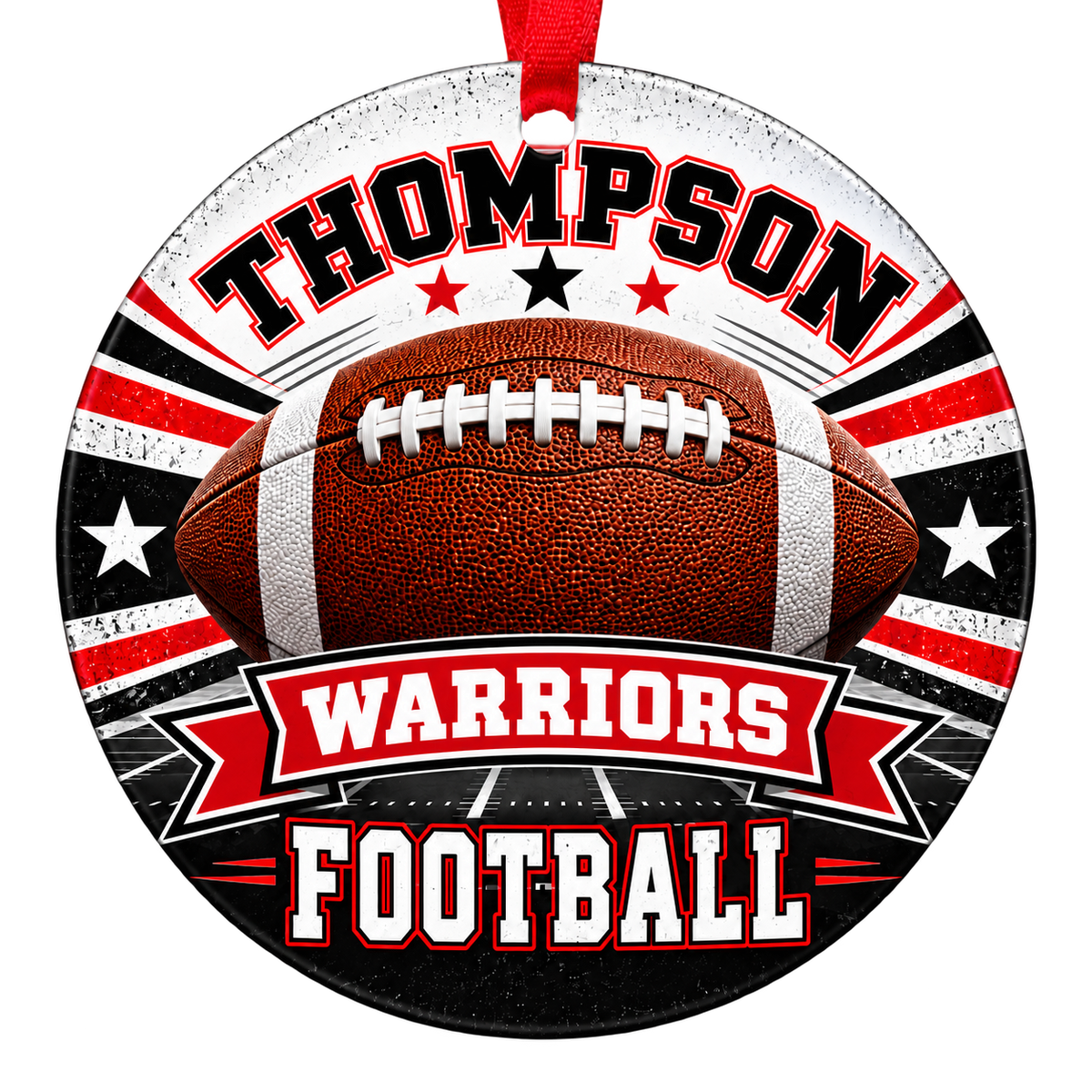 THOMPSON WARRIORS football Christmas ornament in scarlet, black and white, Alabaster, Alabama
