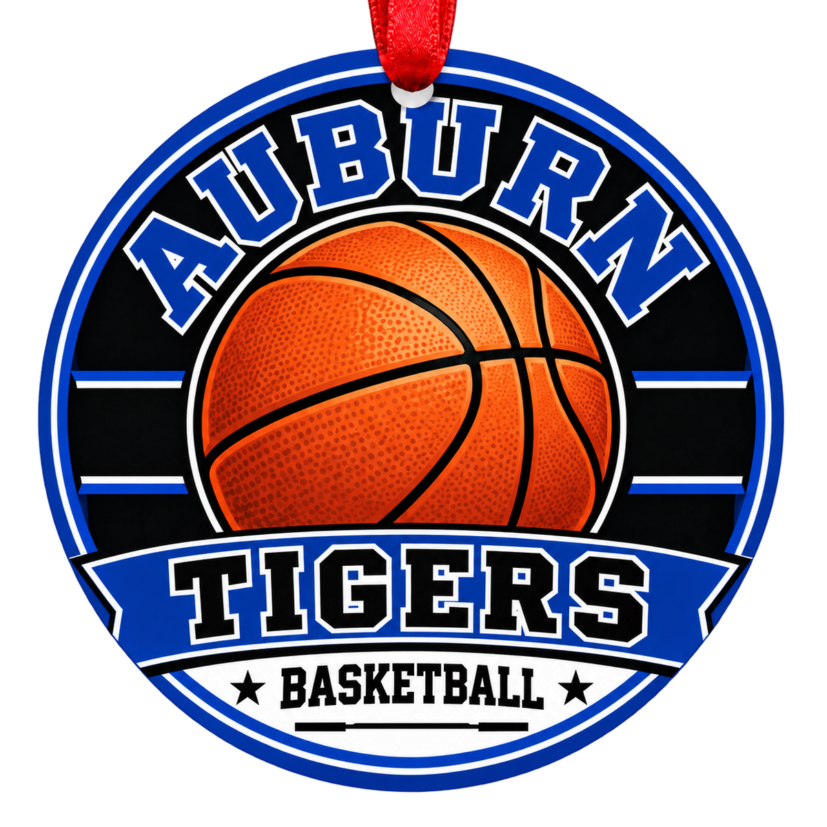 Auburn High School Tigers basketball Christmas ornament in royal blue and white with a red ribbon