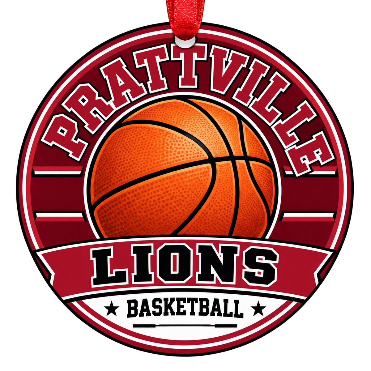 Prattville High School Lions basketball Christmas ornament in cardinal and white with a red ribbon