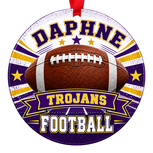 Daphne High School Trojans football Christmas ornament in purple and gold with a red ribbon