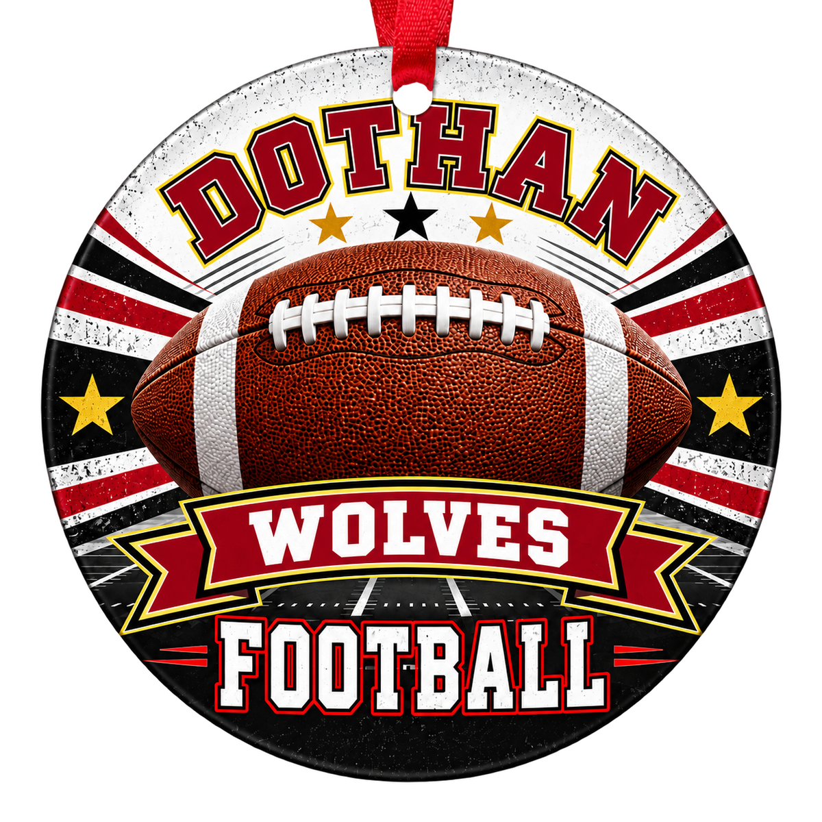 Dothan High School Wolves football Christmas ornament in cardinal, gold, black and white with a red ribbon