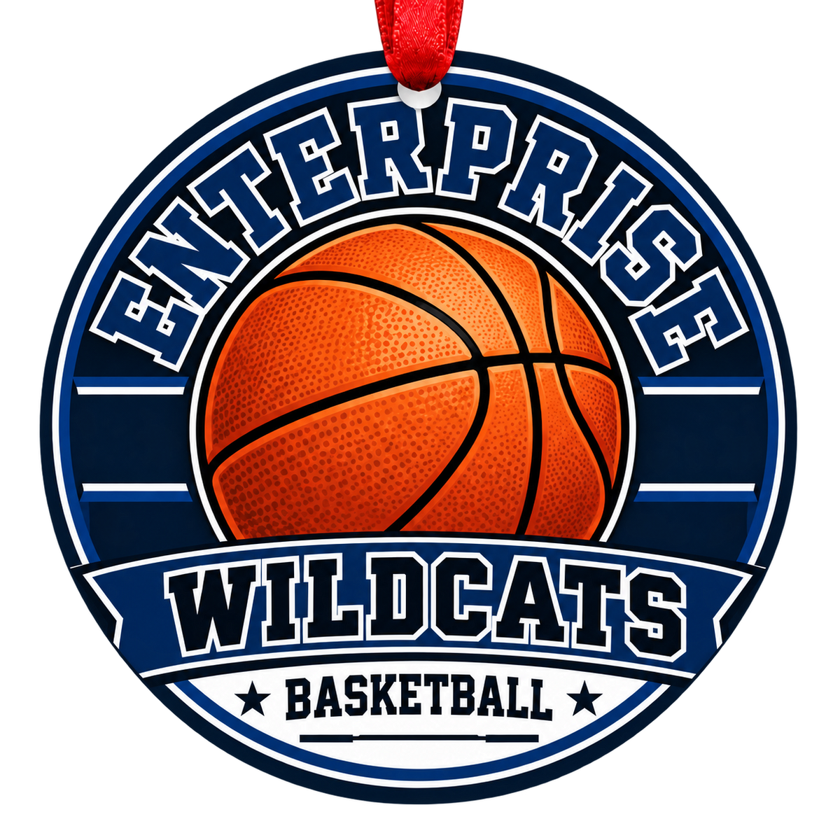 Enterprise High School Wildcats basketball Christmas ornament in navy blue and white with a red ribbon