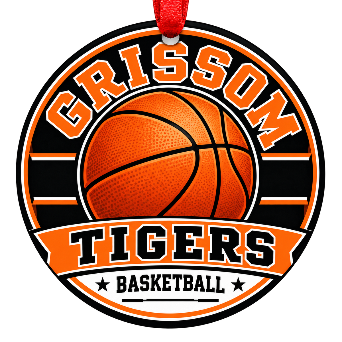 Virgil Grissom High School Tigers basketball Christmas ornament in orange, black and white with a red ribbon