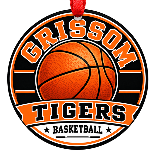 Virgil Grissom High School Tigers basketball Christmas ornament in orange, black and white with a red ribbon