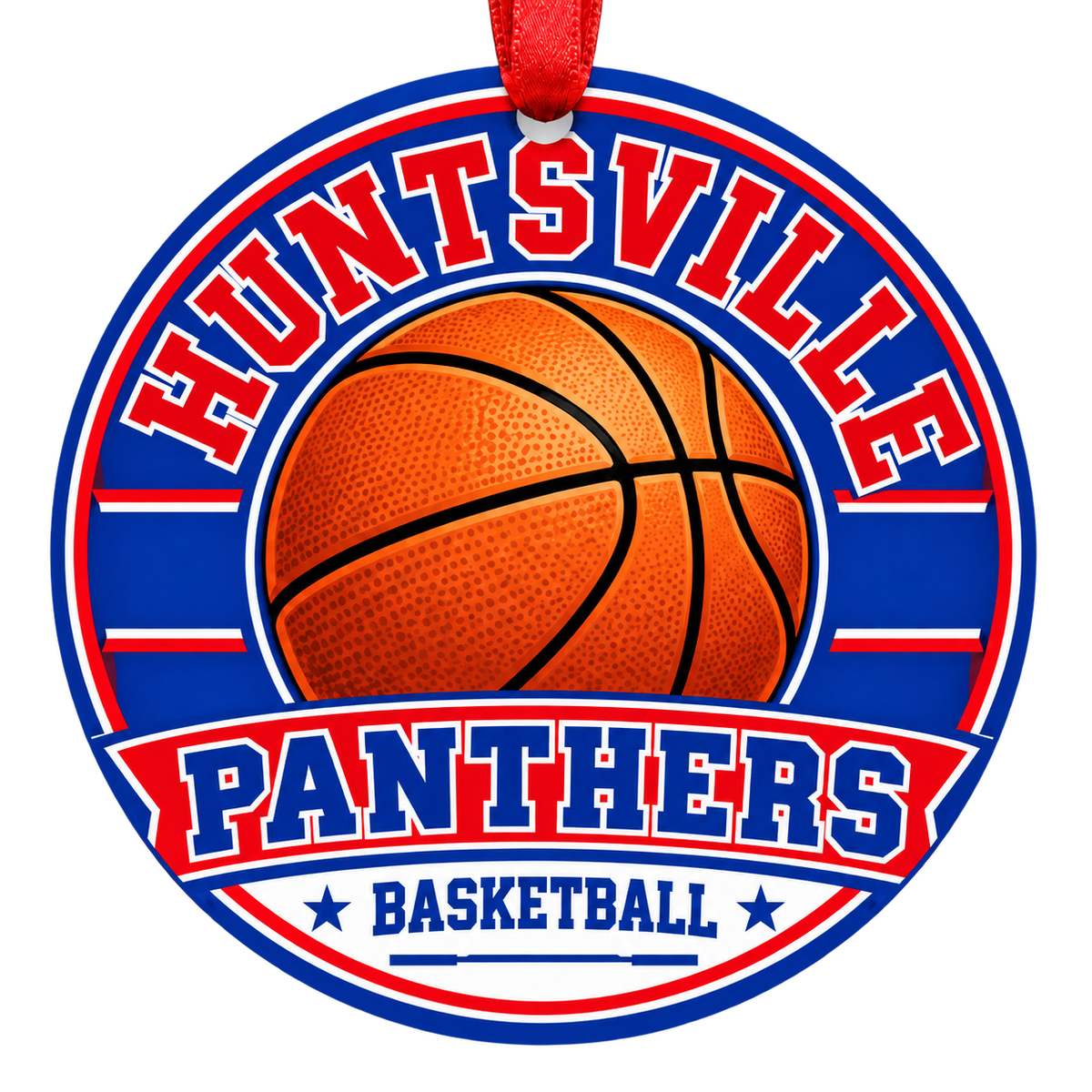 Huntsville High School Panthers basketball Christmas ornament in red and blue with a red ribbon