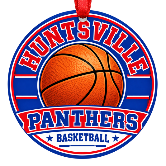 Huntsville High School Panthers basketball Christmas ornament in red and blue with a red ribbon
