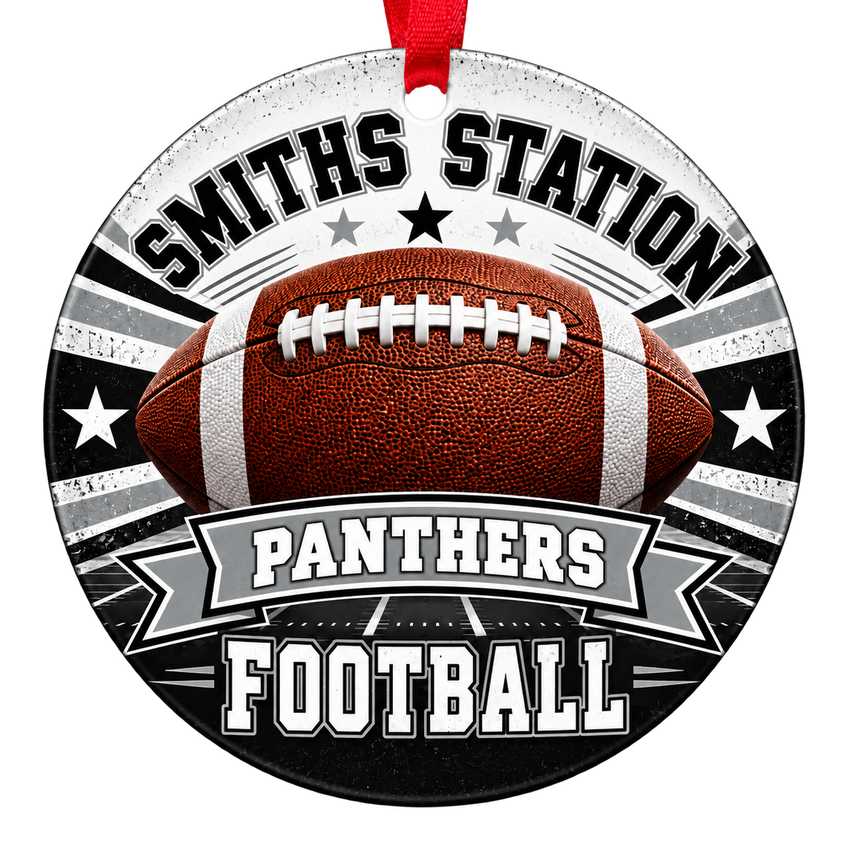 Smiths Station High School Panthers football Christmas ornament in black, silver and white with a red ribbon