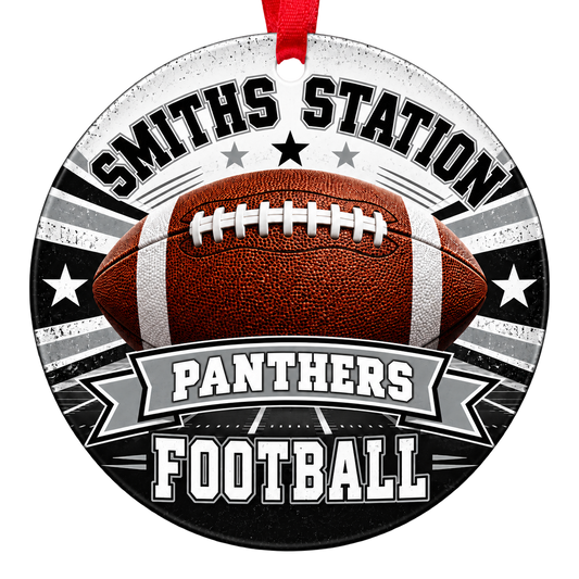 Smiths Station High School Panthers football Christmas ornament in black, silver and white with a red ribbon
