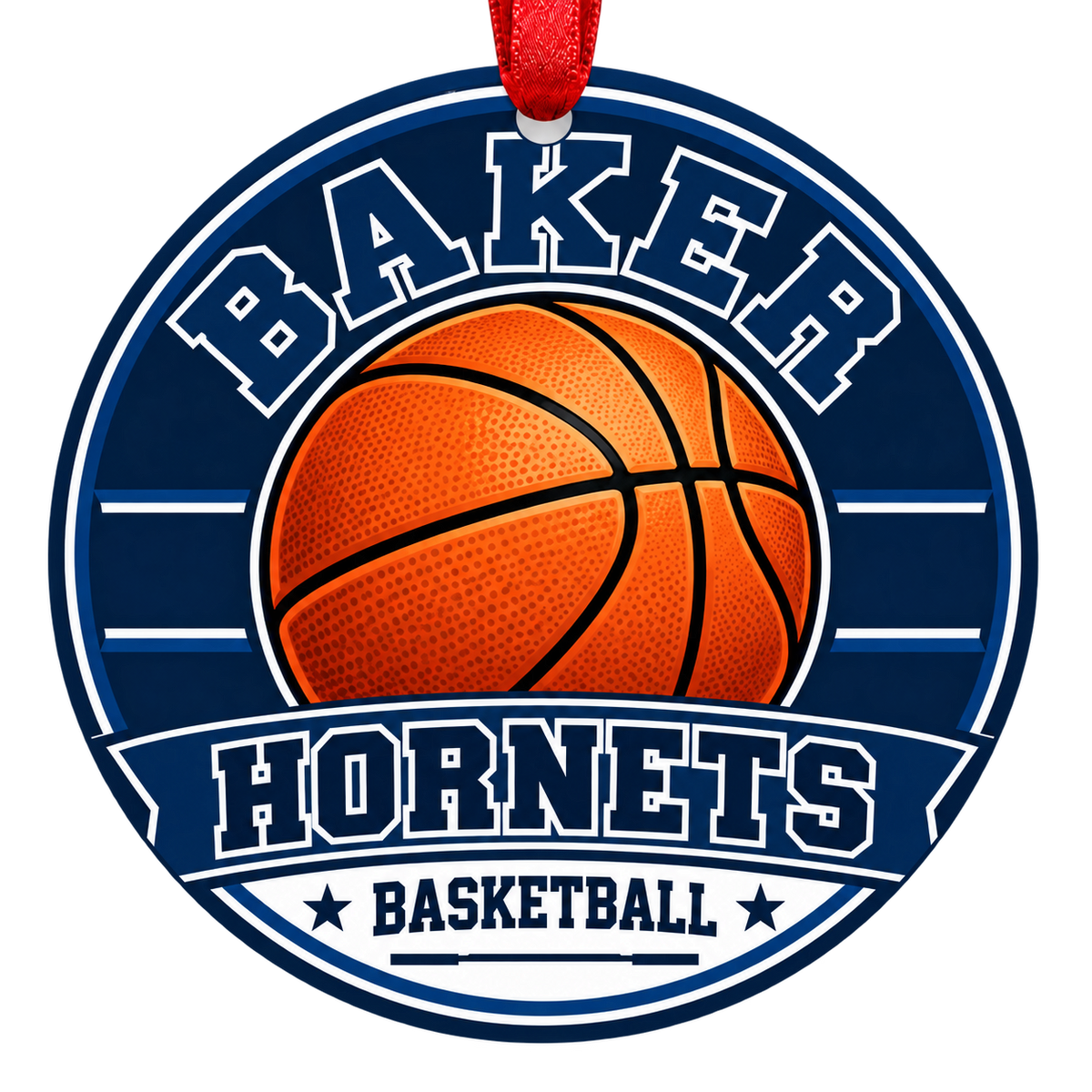 Baker High School Hornets basketball Christmas ornament in navy blue and white with a red ribbon