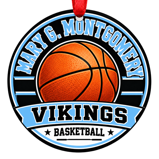 Mary G Montgomery High School Vikings basketball Christmas ornament in Columbia blue and black with a red ribbon