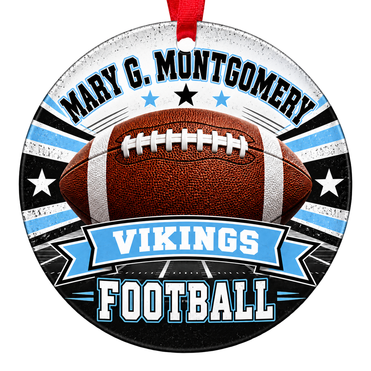 MARY G. MONTGOMERY VIKINGS football Christmas ornament in Columbia blue and black, Semmes, Alabama