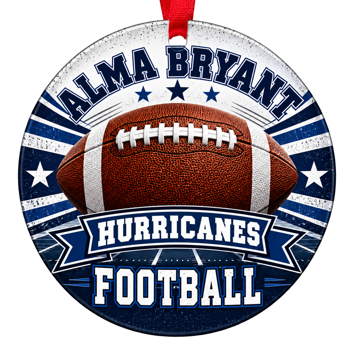 Alma Bryant High School Hurricanes football Christmas ornament in navy, white and silver with a red ribbon
