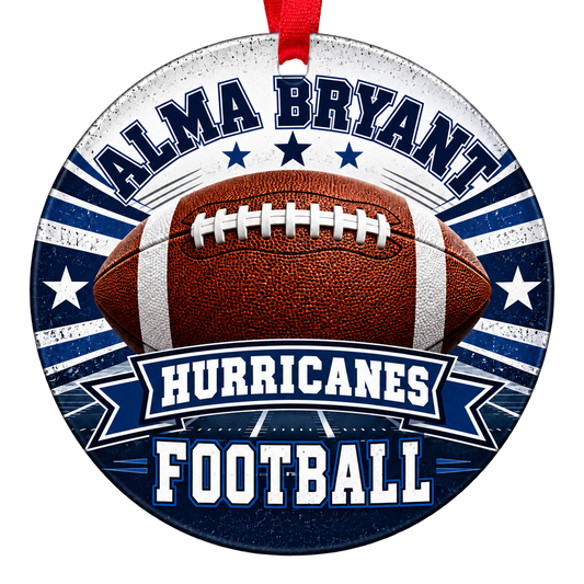 Alma Bryant High School Hurricanes football Christmas ornament in navy, white and silver with a red ribbon