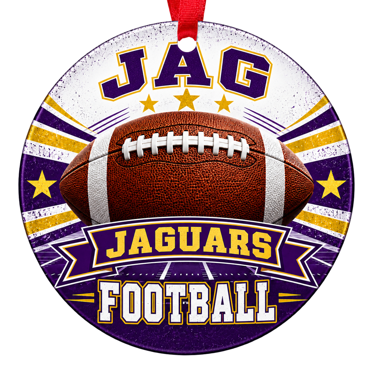 Johnson Abernathy Graetz High School Jaguars football Christmas ornament in purple and gold with a red ribbon