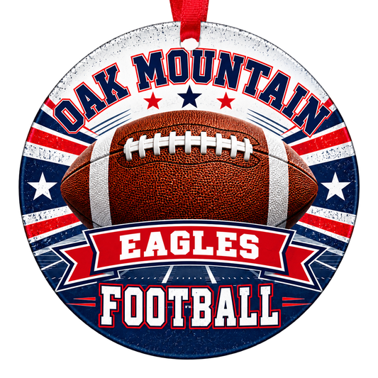 Oak Mountain High School Eagles football Christmas ornament in navy, red and white with a red ribbon