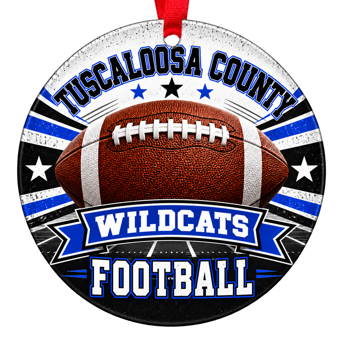 Tuscaloosa County High School Wildcats football Christmas ornament in royal blue and white with a red ribbon