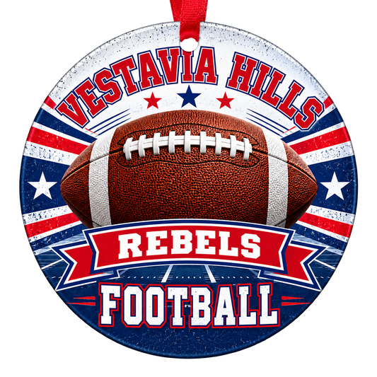 Vestavia Hills High School Rebels football Christmas ornament in red and blue with a red ribbon
