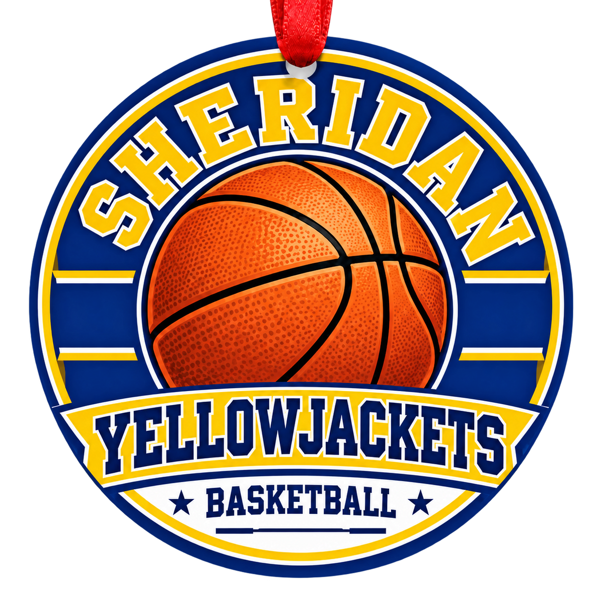 Sheridan Yellowjackets Basketball Christmas ornament with varsity basketball artwork in blue and gold, red hanging ribbon.