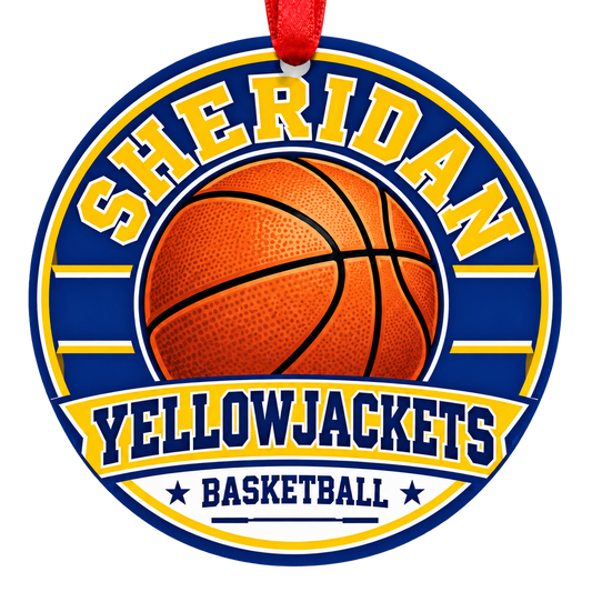 Sheridan Yellowjackets Basketball Christmas ornament with varsity basketball artwork in blue and gold, red hanging ribbon.