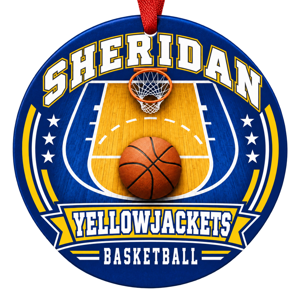 Sheridan Yellowjackets Basketball Christmas ornament with basketball court, hoop and ball artwork in blue and gold, red hanging ribbon.