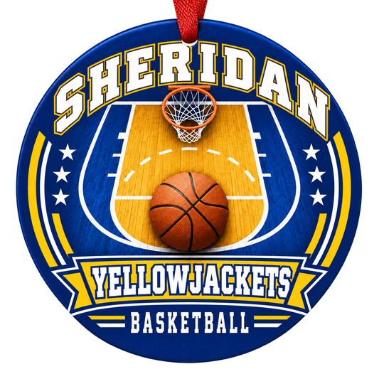 Sheridan Yellowjackets Basketball Christmas ornament with basketball court, hoop and ball artwork in blue and gold, red hanging ribbon.