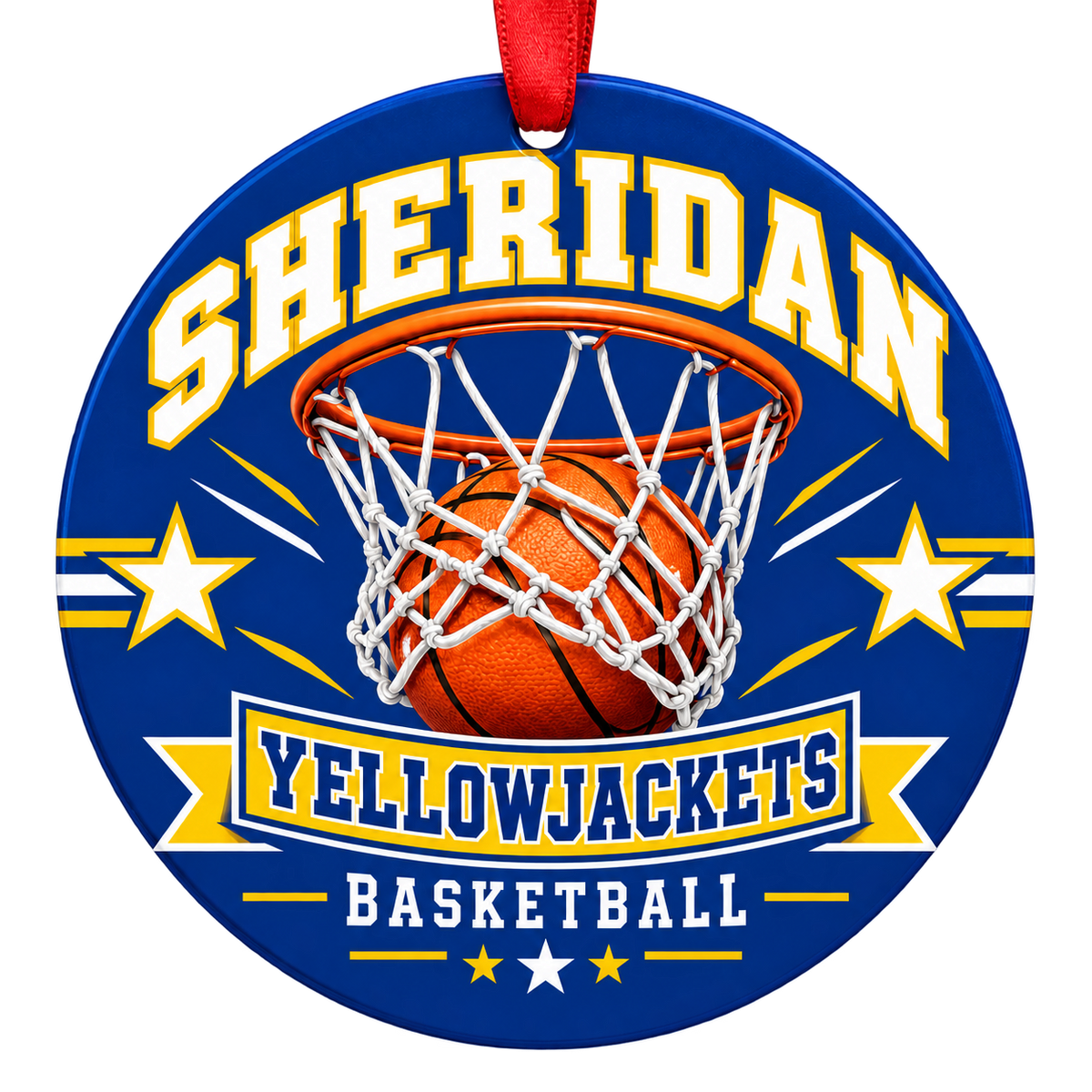 Sheridan Yellowjackets Basketball Christmas ornament with basketball passing through a hoop in blue and gold, red hanging ribbon.
