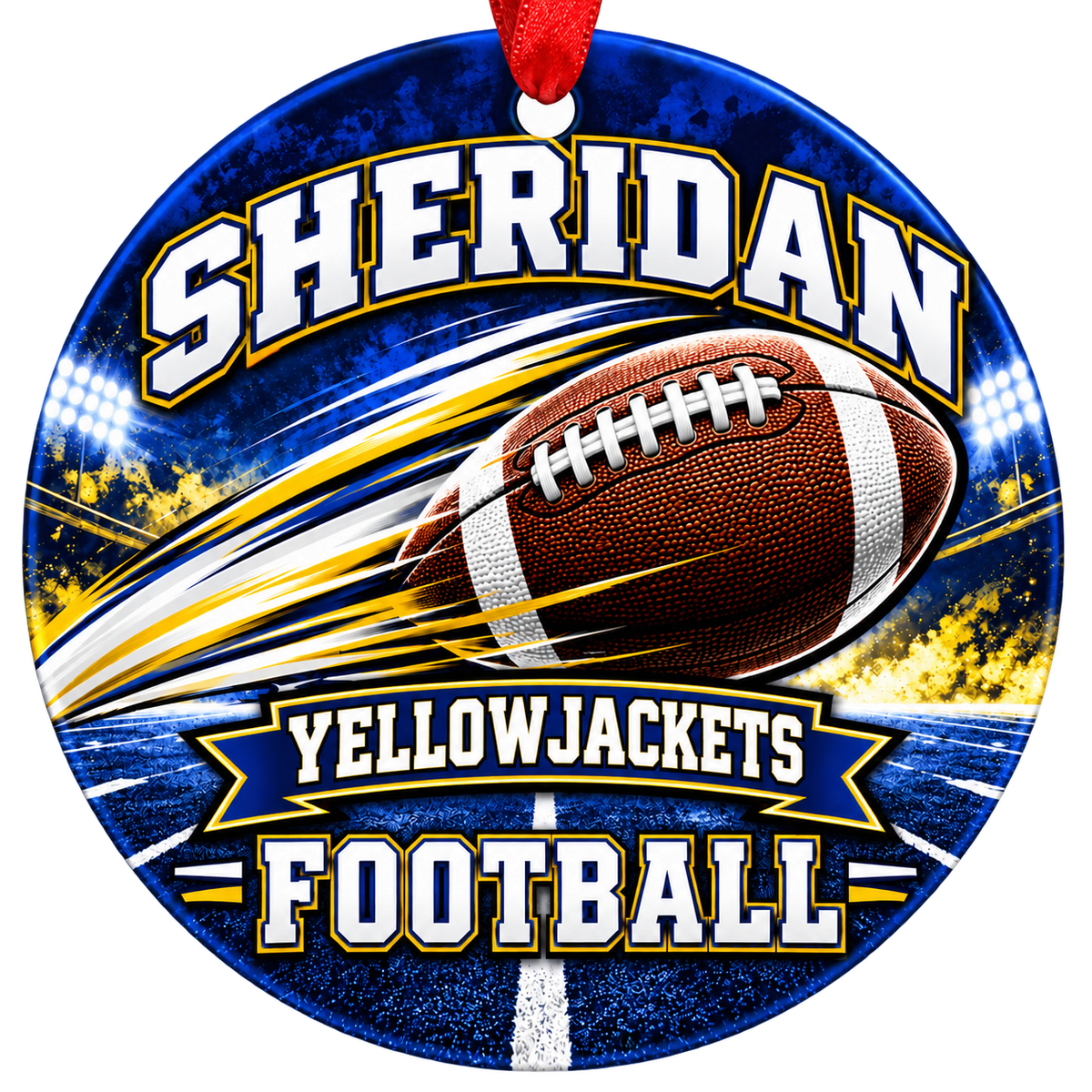 Sheridan Yellowjackets Football Christmas ornament with football with motion streaks and stadium lights in blue and gold, red hanging ribbon.
