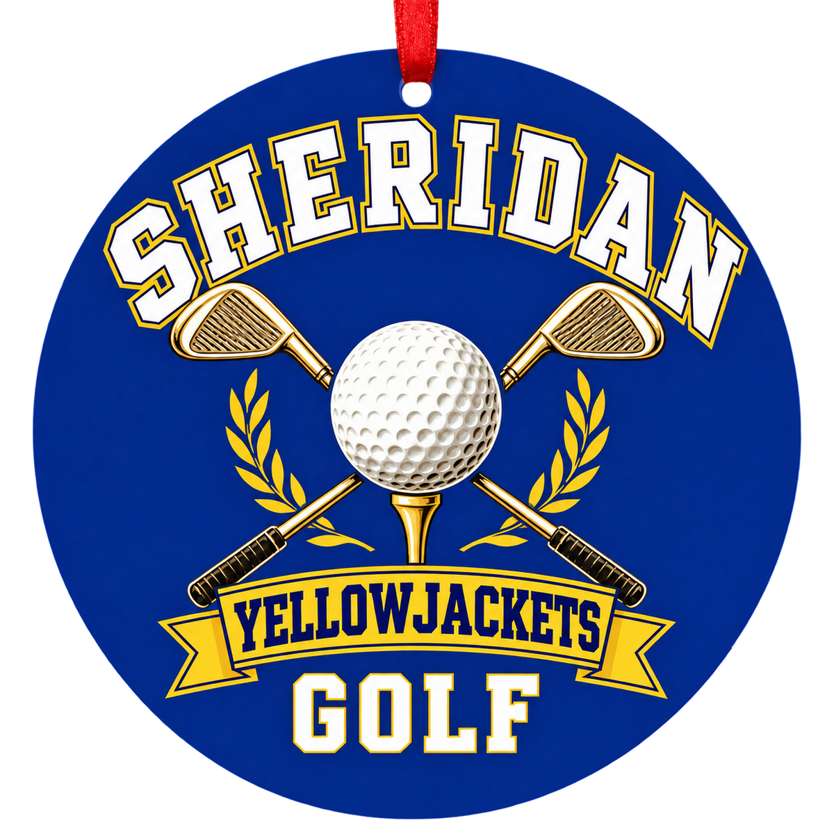 Sheridan Yellowjackets Golf Christmas ornament with golf ball and crossed clubs in blue and gold, red hanging ribbon.