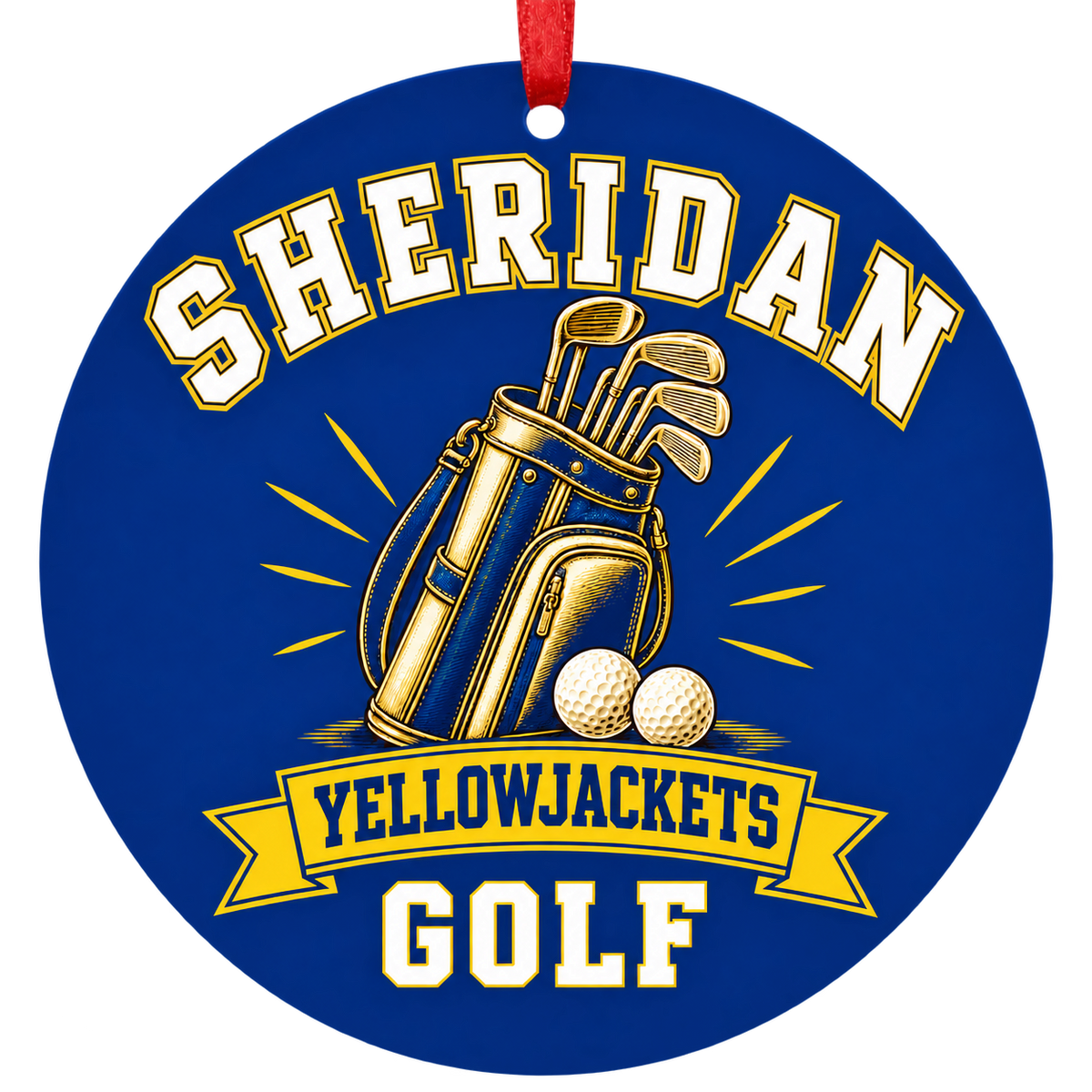 Sheridan Yellowjackets Golf Christmas ornament with golf bag, clubs and balls in blue and gold, red hanging ribbon.