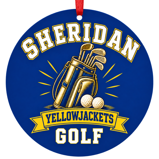 Sheridan Yellowjackets Golf Christmas ornament with golf bag, clubs and balls in blue and gold, red hanging ribbon.