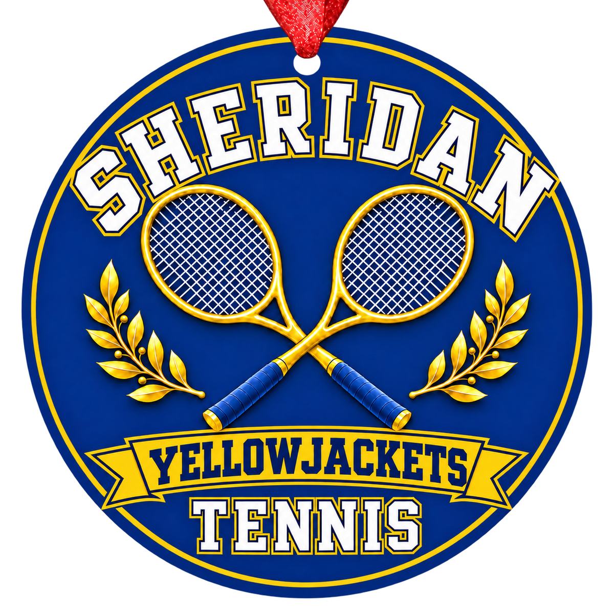 Sheridan Yellowjackets Tennis Christmas ornament with crossed tennis rackets and laurel details in blue and gold, red hanging ribbon.