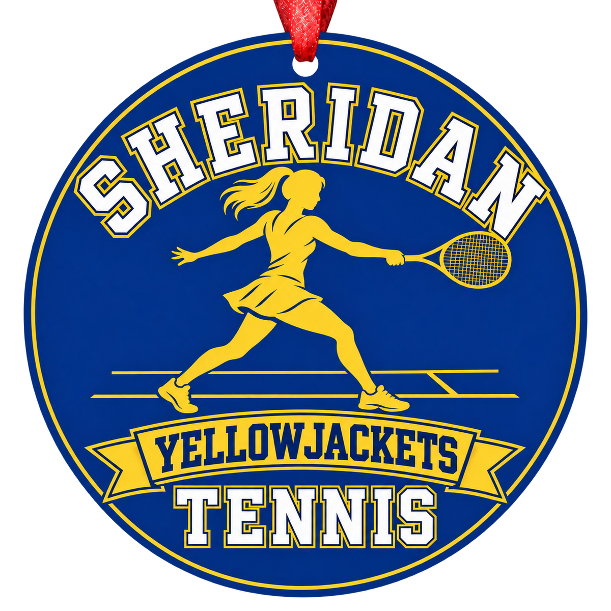 Sheridan Yellowjackets Tennis Christmas ornament with tennis player silhouette in blue and gold, red hanging ribbon.