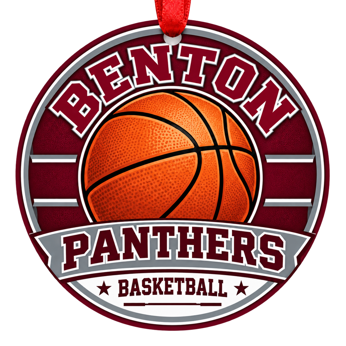 Benton Panthers Basketball Christmas ornament with varsity basketball artwork in maroon and gray, red hanging ribbon.