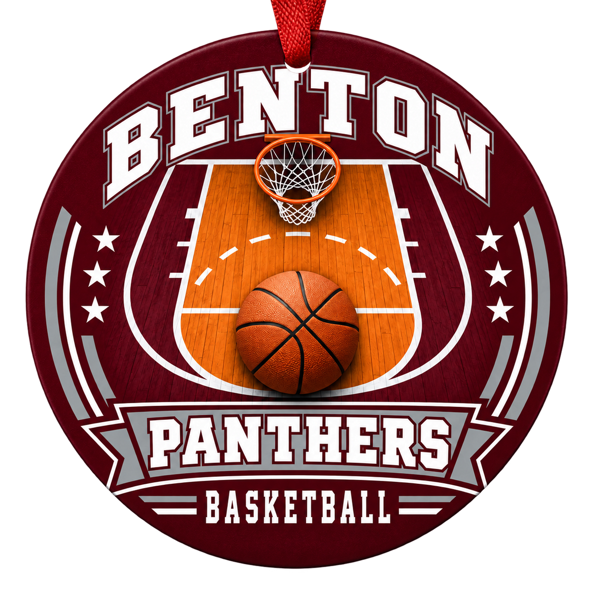 Benton Panthers Basketball Christmas ornament with basketball court, hoop and ball artwork in maroon and gray, red hanging ribbon.