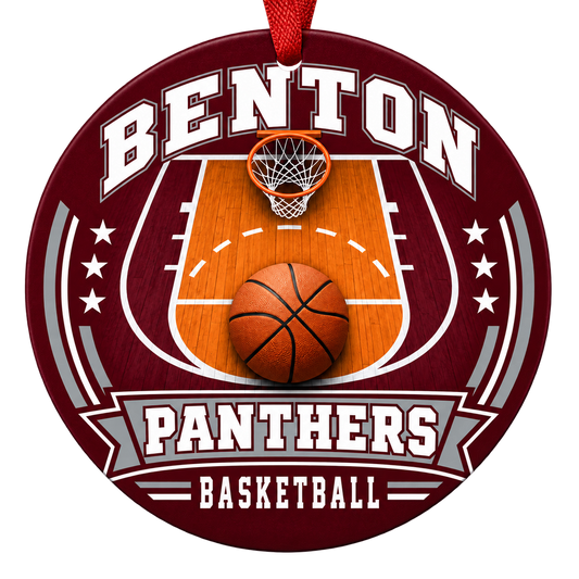 Benton Panthers Basketball Christmas ornament with basketball court, hoop and ball artwork in maroon and gray, red hanging ribbon.