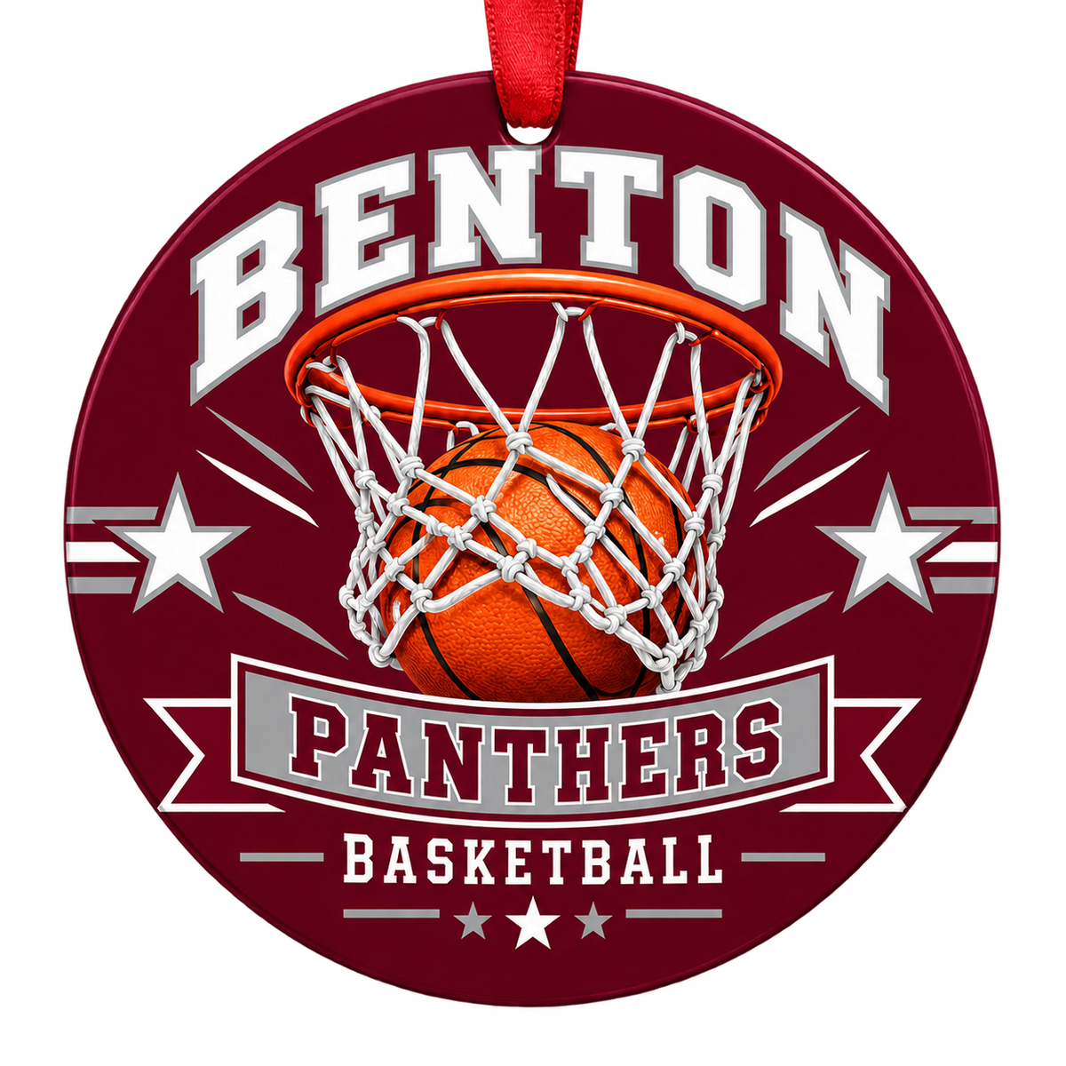 Benton Panthers Basketball Christmas ornament with basketball passing through a hoop in maroon and gray, red hanging ribbon.