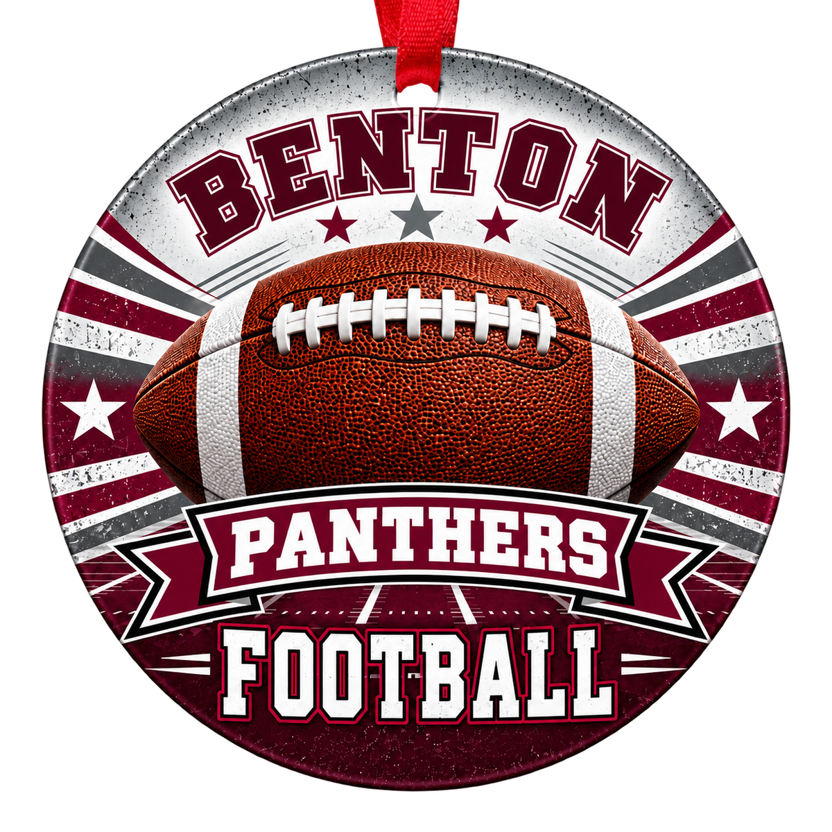 Benton Panthers Football Christmas ornament with football, stars and field artwork in maroon and gray, red hanging ribbon.