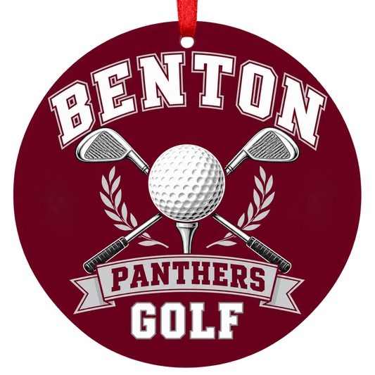 Benton Panthers Golf Christmas ornament with golf ball and crossed clubs in maroon and gray, red hanging ribbon.