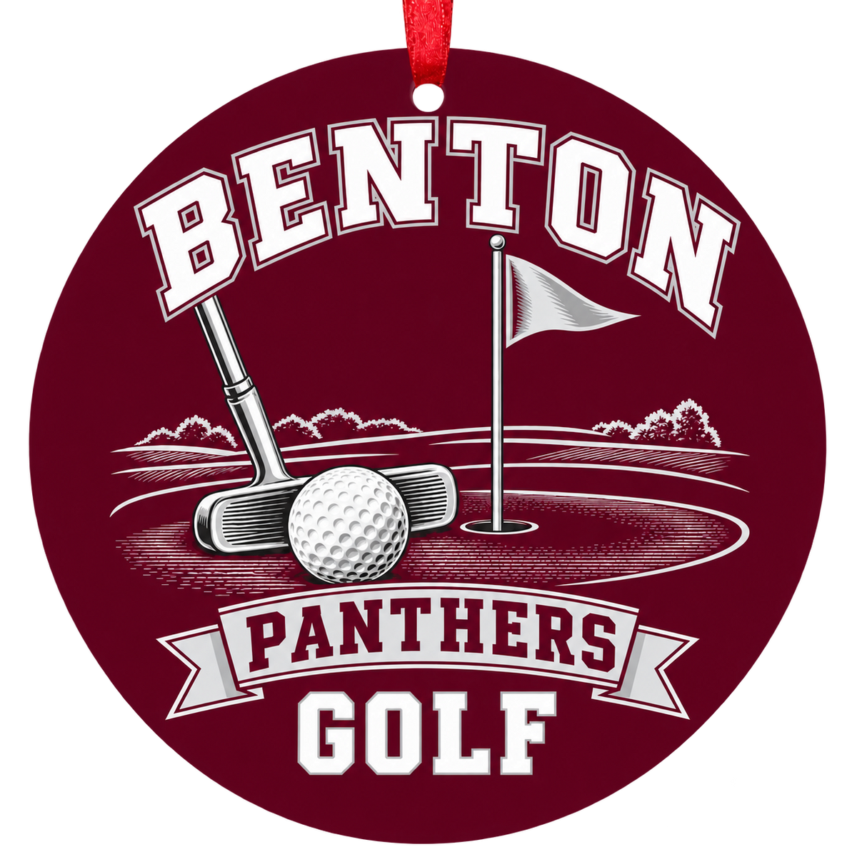 Benton Panthers Golf Christmas ornament with putter, golf ball and putting green in maroon and gray, red hanging ribbon.