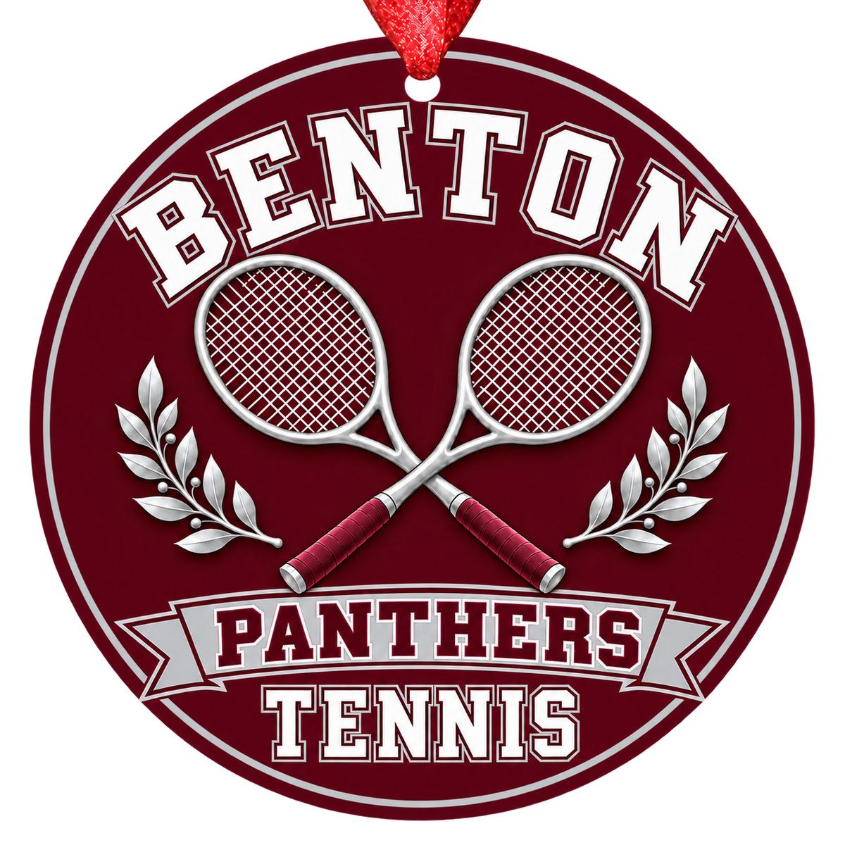Benton Panthers Tennis Christmas ornament with crossed tennis rackets and laurel details in maroon and gray, red hanging ribbon.