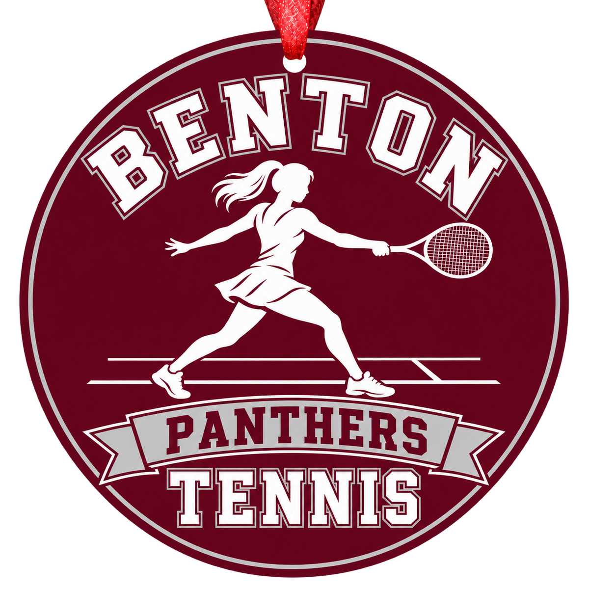 Benton Panthers Tennis Christmas ornament with tennis player silhouette in maroon and gray, red hanging ribbon.
