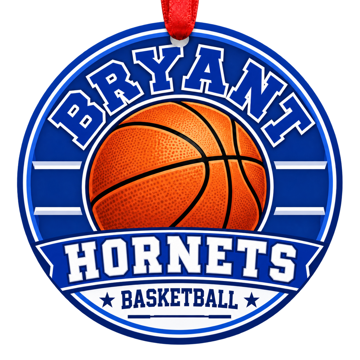 Bryant Hornets Basketball Christmas ornament with varsity basketball artwork in blue and white, red hanging ribbon.
