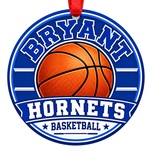Bryant Hornets Basketball Christmas ornament with varsity basketball artwork in blue and white, red hanging ribbon.